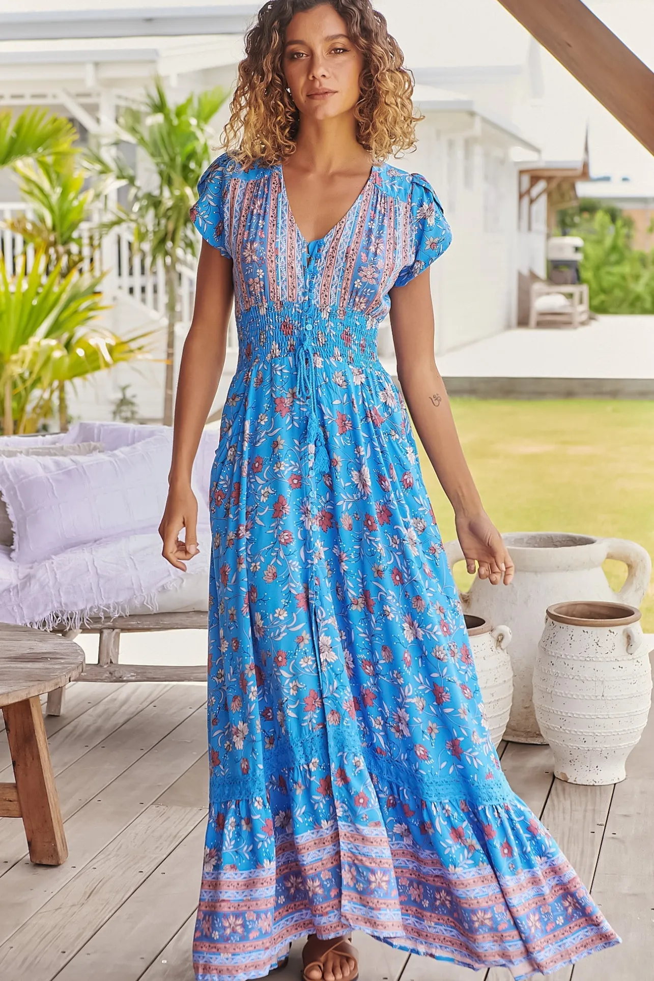 Romi Maxi Dress - Button Down Cap Sleeve Dress with Waist Tie in Josianne Print>Jaase Discount