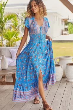 Romi Maxi Dress - Button Down Cap Sleeve Dress with Waist Tie in Josianne Print><noscript><img width=