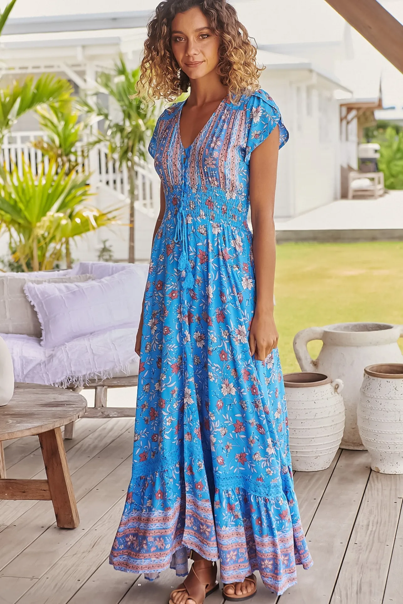 Romi Maxi Dress - Button Down Cap Sleeve Dress with Waist Tie in Josianne Print>Jaase Discount