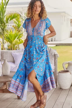 Romi Maxi Dress - Button Down Cap Sleeve Dress with Waist Tie in Josianne Print><noscript><img width=