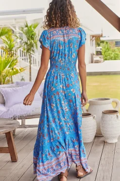 Romi Maxi Dress - Button Down Cap Sleeve Dress with Waist Tie in Josianne Print><noscript><img width=