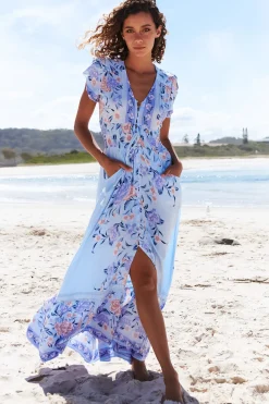 Romi Maxi Dress - V Neck Cap Sleeve A-Line Button Through Dress in Heaven Print>Jaase New