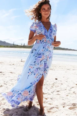 Romi Maxi Dress - V Neck Cap Sleeve A-Line Button Through Dress in Heaven Print>Jaase New