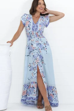Romi Maxi Dress - V Neck Cap Sleeve A-Line Button Through Dress in Heaven Print><noscript><img width=