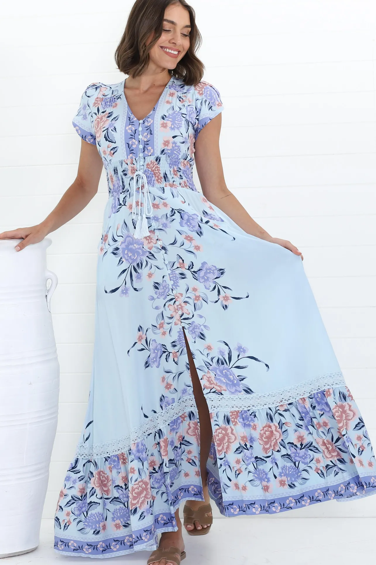 Romi Maxi Dress - V Neck Cap Sleeve A-Line Button Through Dress in Heaven Print>Jaase New