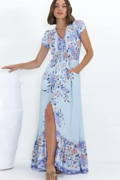 Romi Maxi Dress - V Neck Cap Sleeve A-Line Button Through Dress in Heaven Print><noscript><img width=