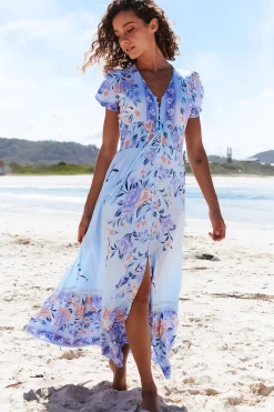 Romi Maxi Dress - V Neck Cap Sleeve A-Line Button Through Dress in Heaven Print><noscript><img width=