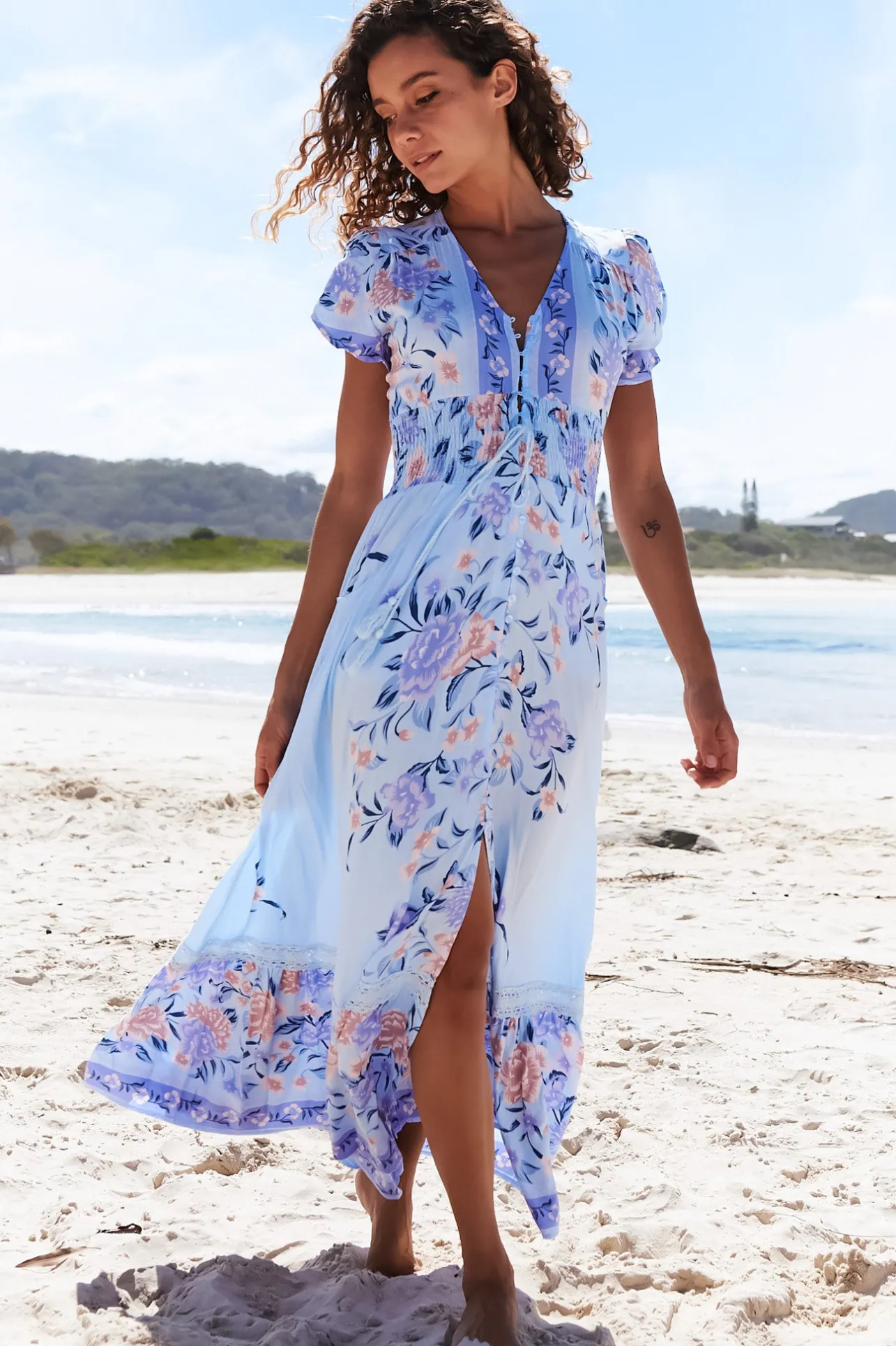 Romi Maxi Dress - V Neck Cap Sleeve A-Line Button Through Dress in Heaven Print>Jaase New