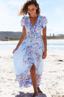 Romi Maxi Dress - V Neck Cap Sleeve A-Line Button Through Dress in Heaven Print><noscript><img width=