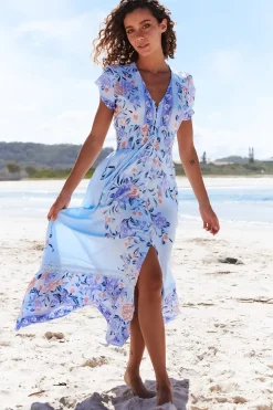 Romi Maxi Dress - V Neck Cap Sleeve A-Line Button Through Dress in Heaven Print><noscript><img width=