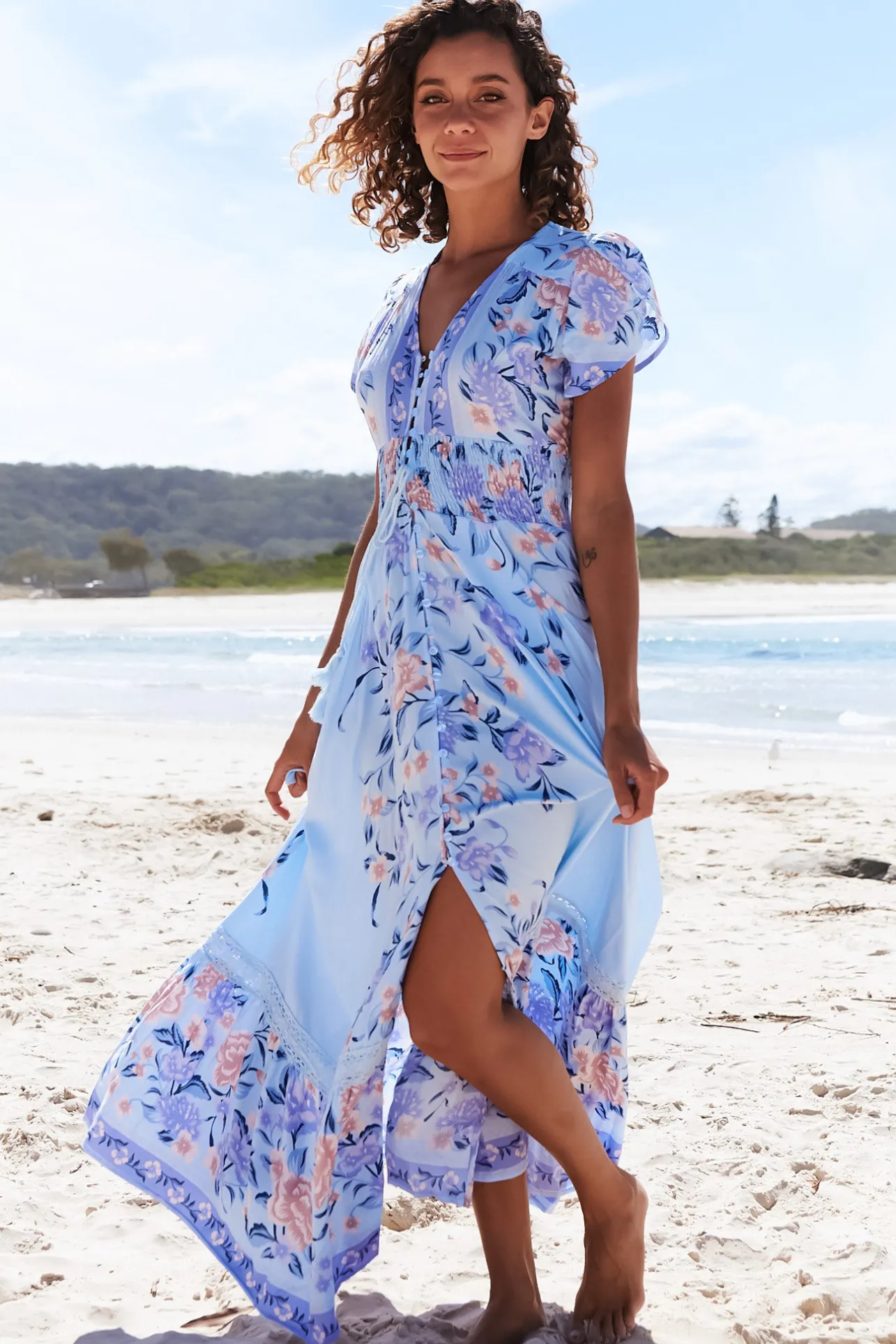 Romi Maxi Dress - V Neck Cap Sleeve A-Line Button Through Dress in Heaven Print>Jaase New