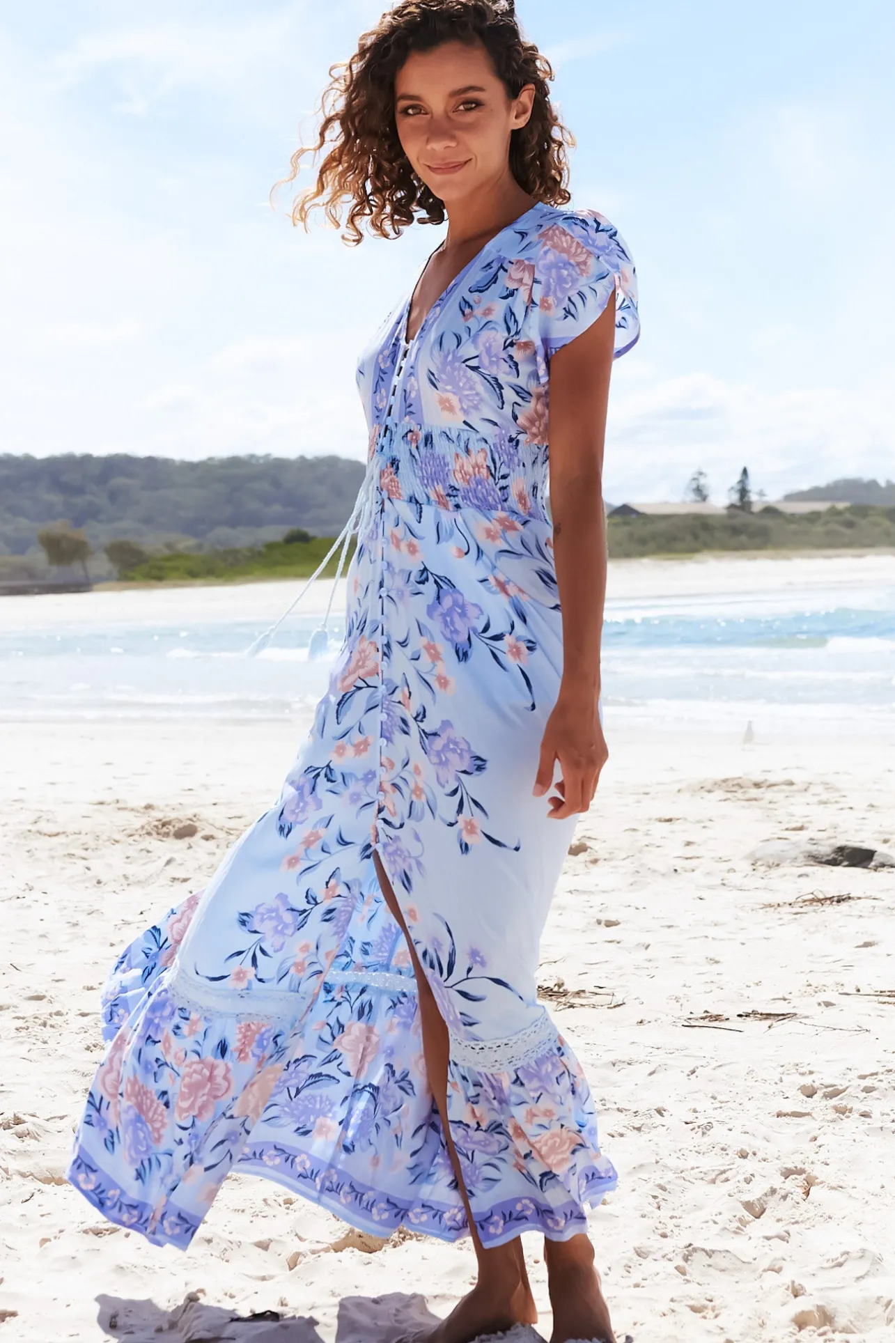 Romi Maxi Dress - V Neck Cap Sleeve A-Line Button Through Dress in Heaven Print>Jaase New