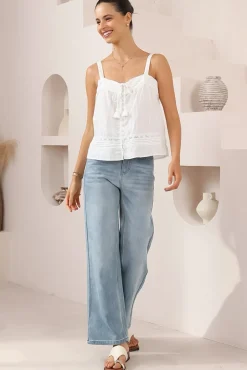 Romia Top - Embroidered and Lace Detailed Button-Down Cami in White><noscript><img width=