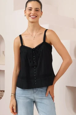 Romia Top - Embroidered and Lace Detailed Button-Down Cami in Black>Salty Crush Best