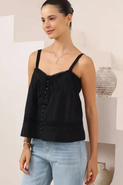 Romia Top - Embroidered and Lace Detailed Button-Down Cami in Black><noscript><img width=