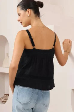 Romia Top - Embroidered and Lace Detailed Button-Down Cami in Black><noscript><img width=