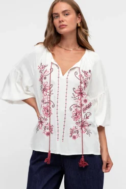 Rory Blouse - Pull Over Balloon Sleeve Embroidered Smock in Winslie Print Ivory>Salty Crush New