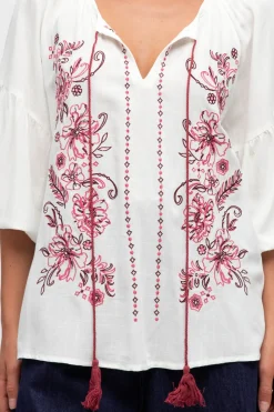 Rory Blouse - Pull Over Balloon Sleeve Embroidered Smock in Winslie Print Ivory><noscript><img width=