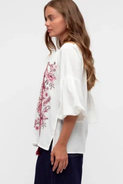 Rory Blouse - Pull Over Balloon Sleeve Embroidered Smock in Winslie Print Ivory><noscript><img width=