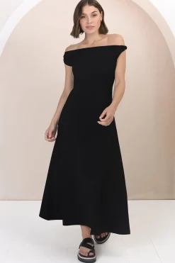 Rosalia Maxi Dress - Asymmetric Neckline Twist Sleeve A-Line Dress in Black>Salty Crush Best