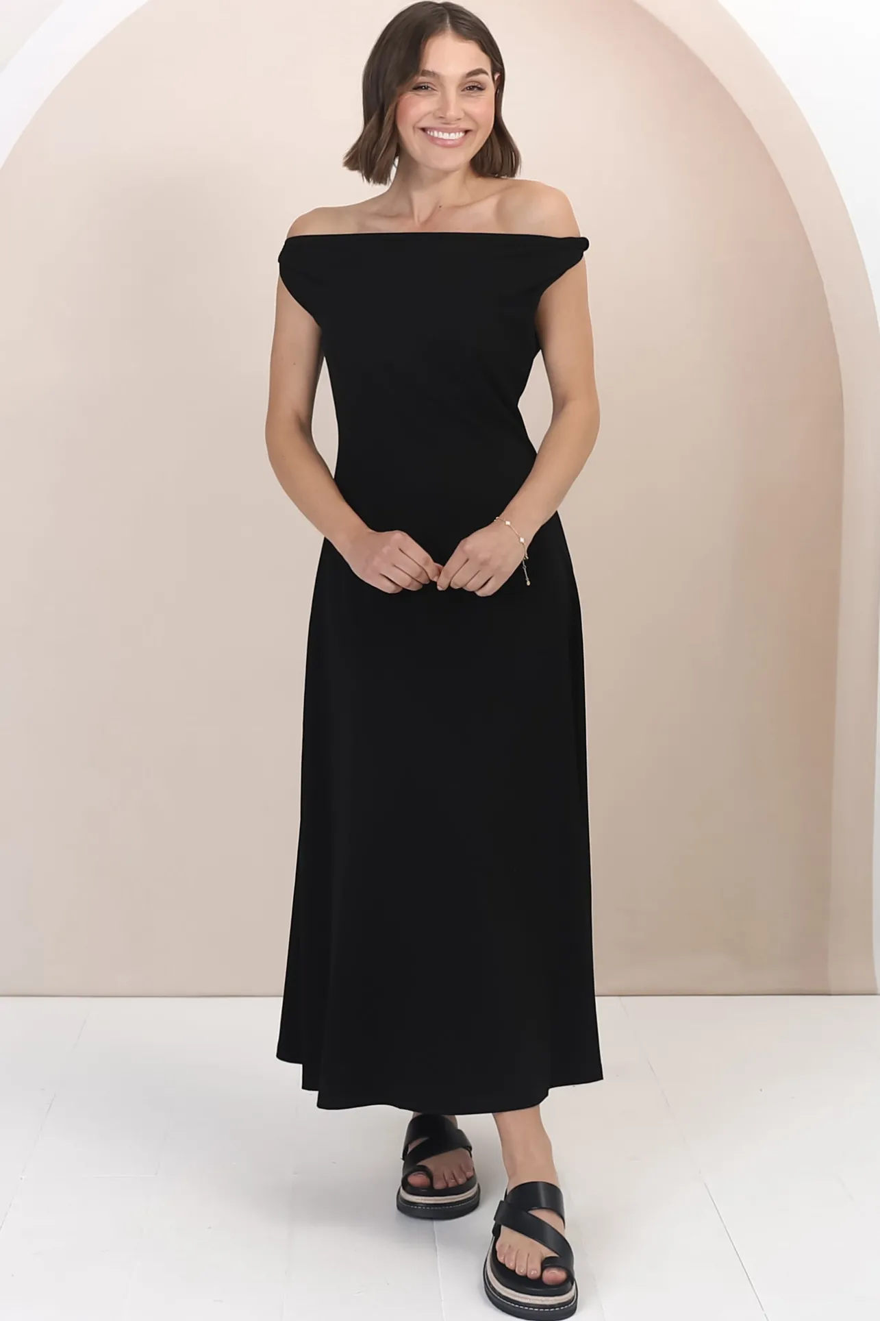 Rosalia Maxi Dress - Asymmetric Neckline Twist Sleeve A-Line Dress in Black>Salty Crush Best