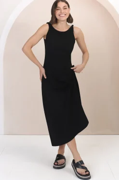 Rosalia Maxi Dress - Asymmetric Neckline Twist Sleeve A-Line Dress in Black><noscript><img width=