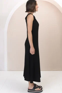 Rosalia Maxi Dress - Asymmetric Neckline Twist Sleeve A-Line Dress in Black><noscript><img width=