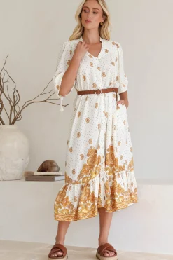 Rosalie Maxi Dress - Mandarin Collar Button Down Dress in Sundown Print>Jaase Online