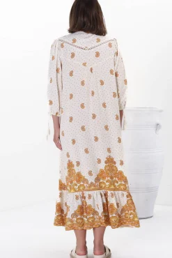 Rosalie Maxi Dress - Mandarin Collar Button Down Dress in Sundown Print><noscript><img width=