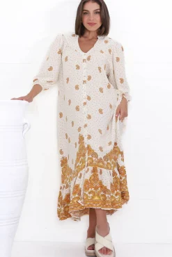 Rosalie Maxi Dress - Mandarin Collar Button Down Dress in Sundown Print><noscript><img width=