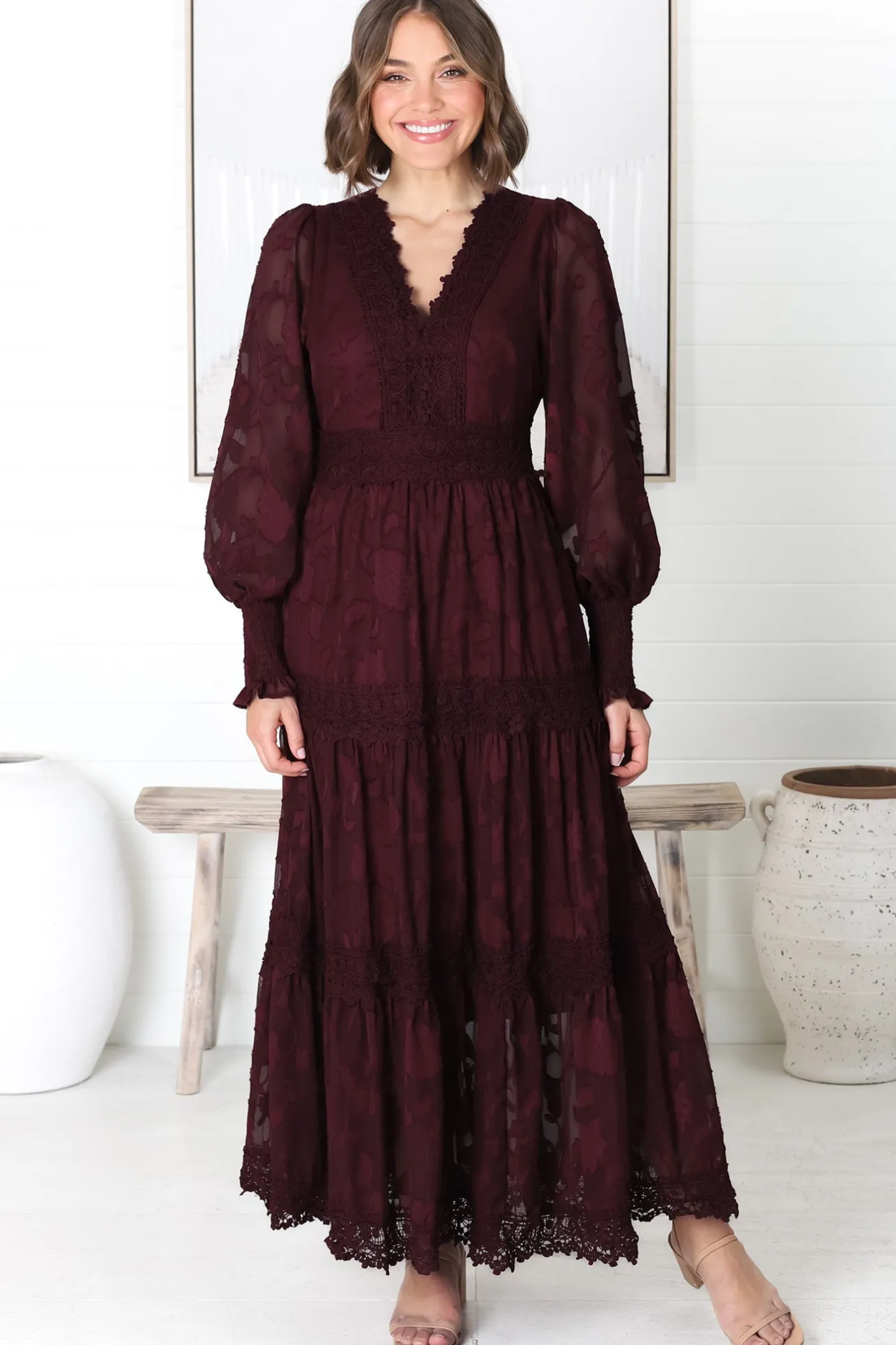 Rouge Maxi Dress - Lace Overlay Tiered Dress in Wine>Salty Crush Online