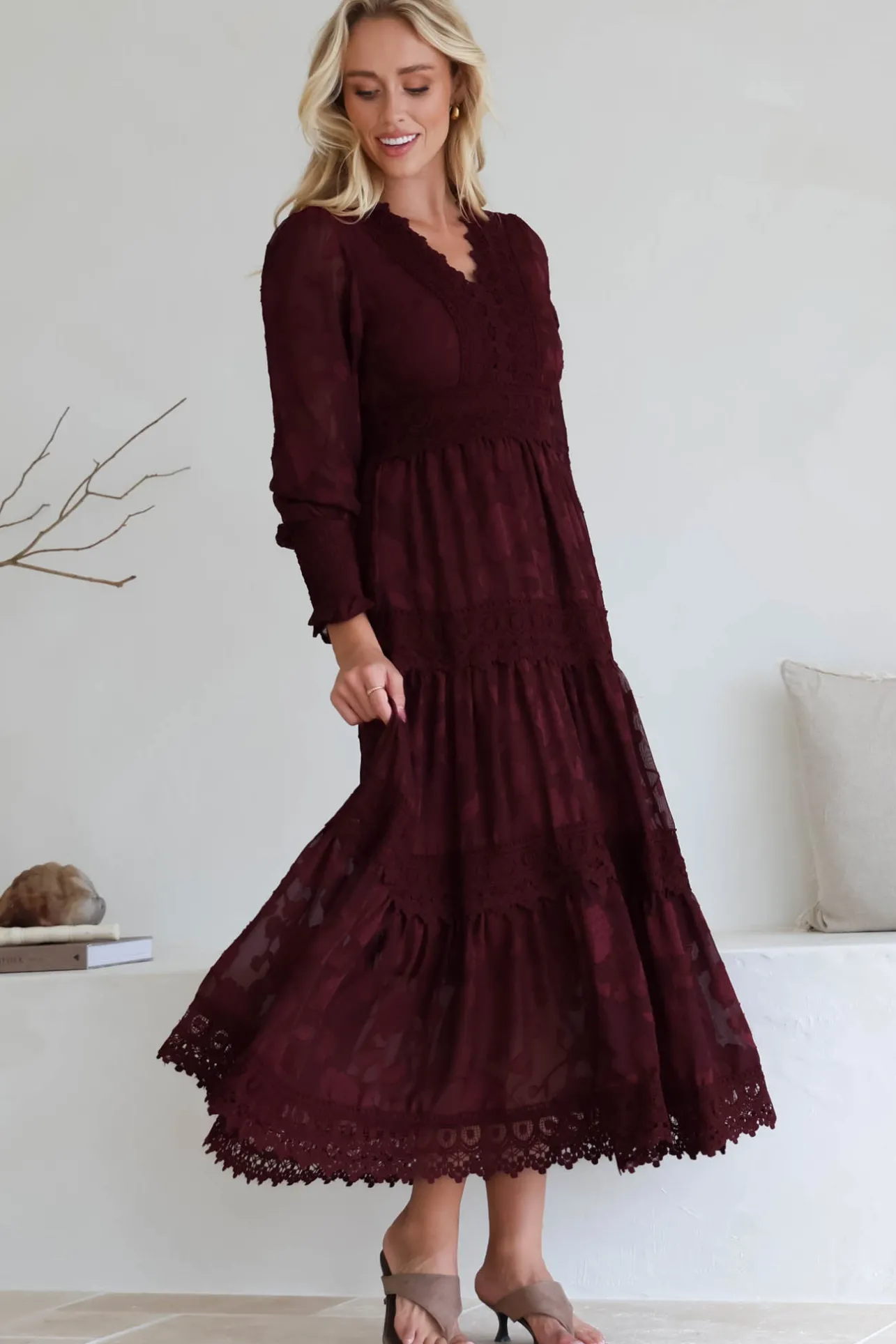 Rouge Maxi Dress - Lace Overlay Tiered Dress in Wine>Salty Crush Online