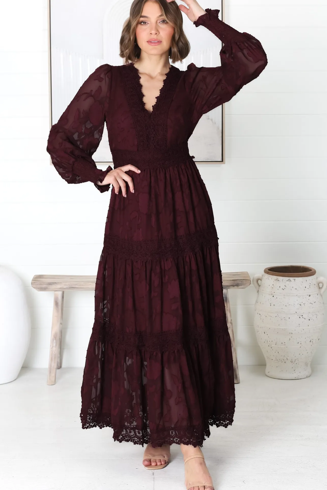 Rouge Maxi Dress - Lace Overlay Tiered Dress in Wine>Salty Crush Online