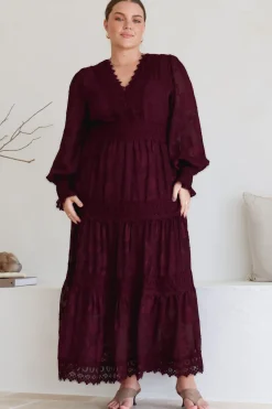 Rouge Maxi Dress - Lace Overlay Tiered Dress in Wine><noscript><img width=