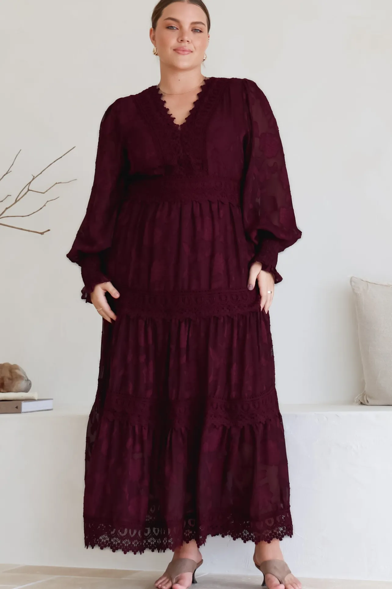 Rouge Maxi Dress - Lace Overlay Tiered Dress in Wine>Salty Crush Online