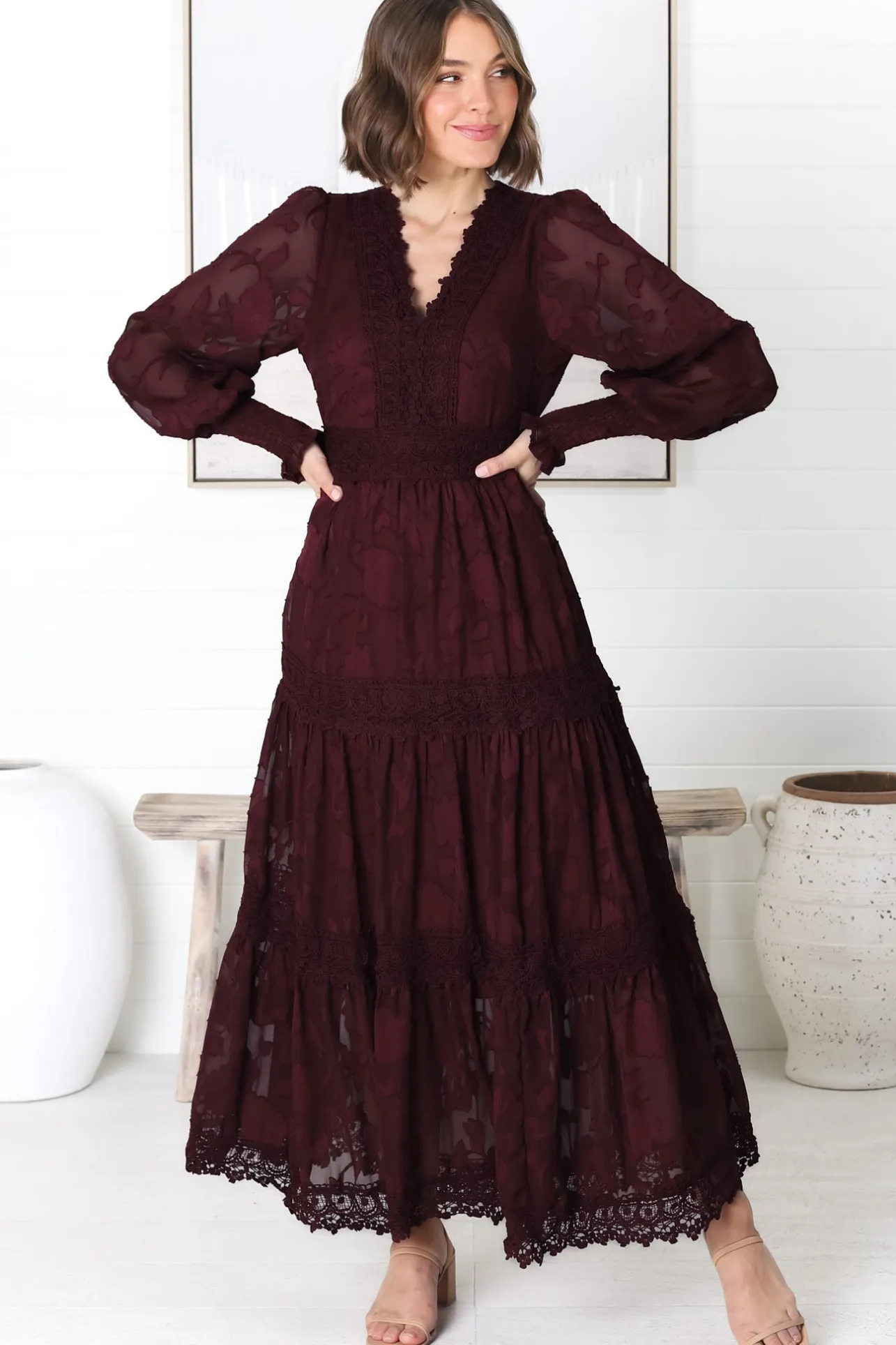 Rouge Maxi Dress - Lace Overlay Tiered Dress in Wine>Salty Crush Online