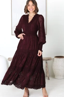 Rouge Maxi Dress - Lace Overlay Tiered Dress in Wine><noscript><img width=