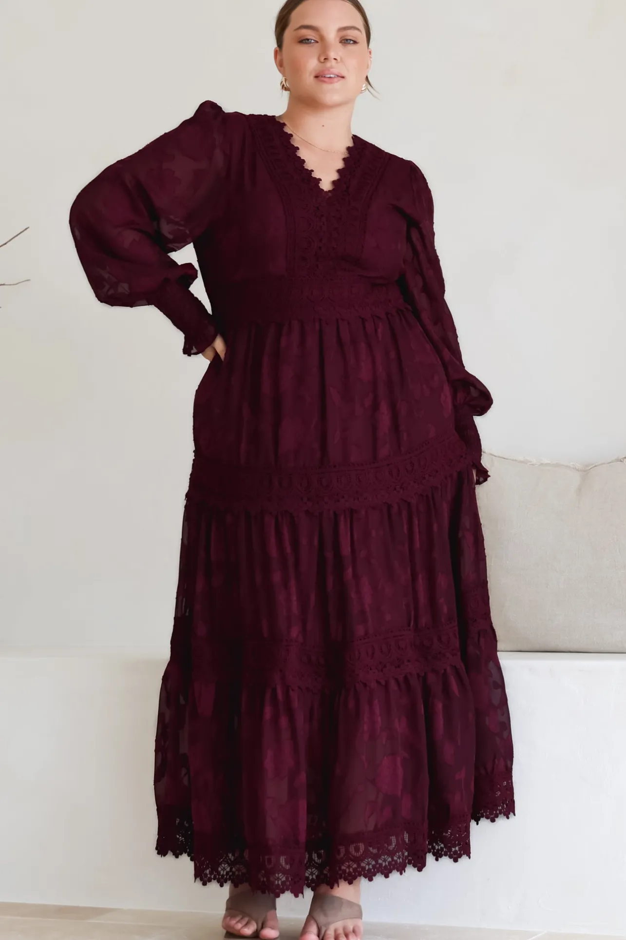 Rouge Maxi Dress - Lace Overlay Tiered Dress in Wine>Salty Crush Online