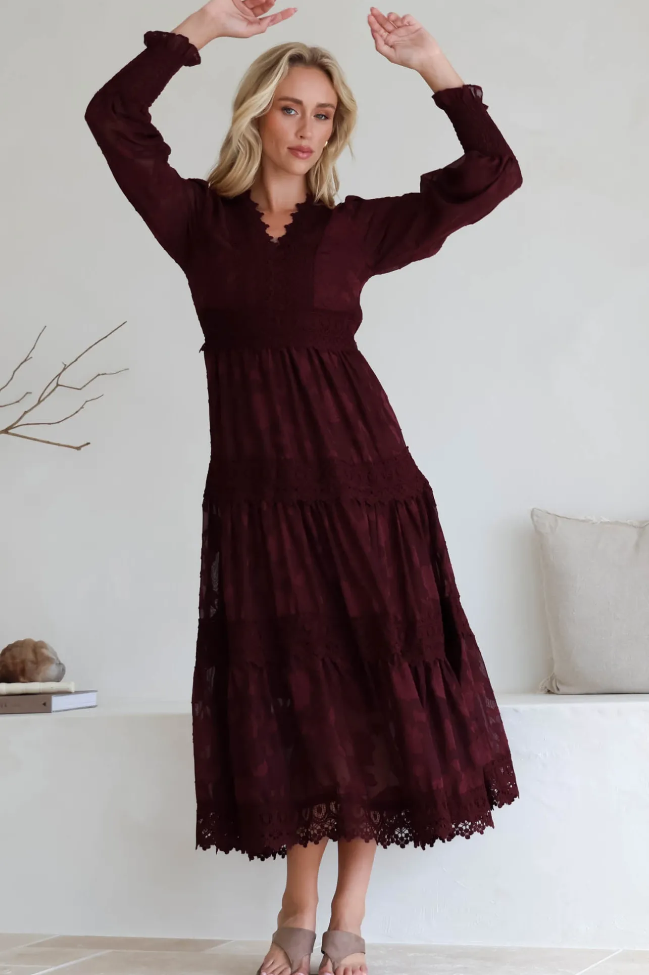 Rouge Maxi Dress - Lace Overlay Tiered Dress in Wine>Salty Crush Online
