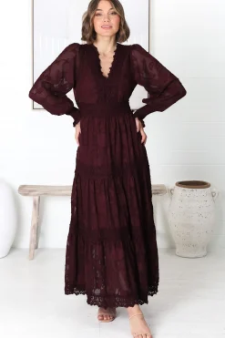 Rouge Maxi Dress - Lace Overlay Tiered Dress in Wine><noscript><img width=