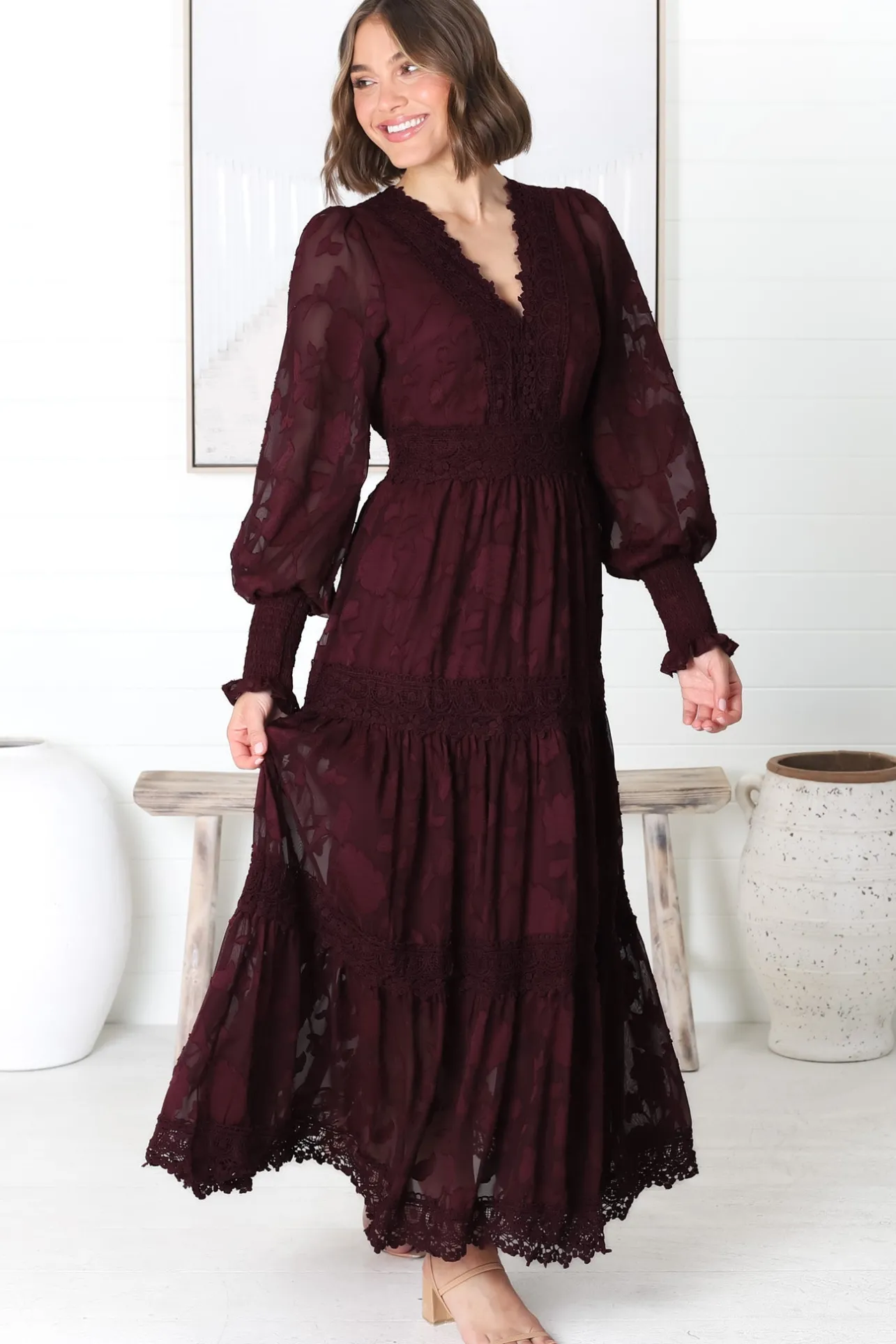 Rouge Maxi Dress - Lace Overlay Tiered Dress in Wine>Salty Crush Online