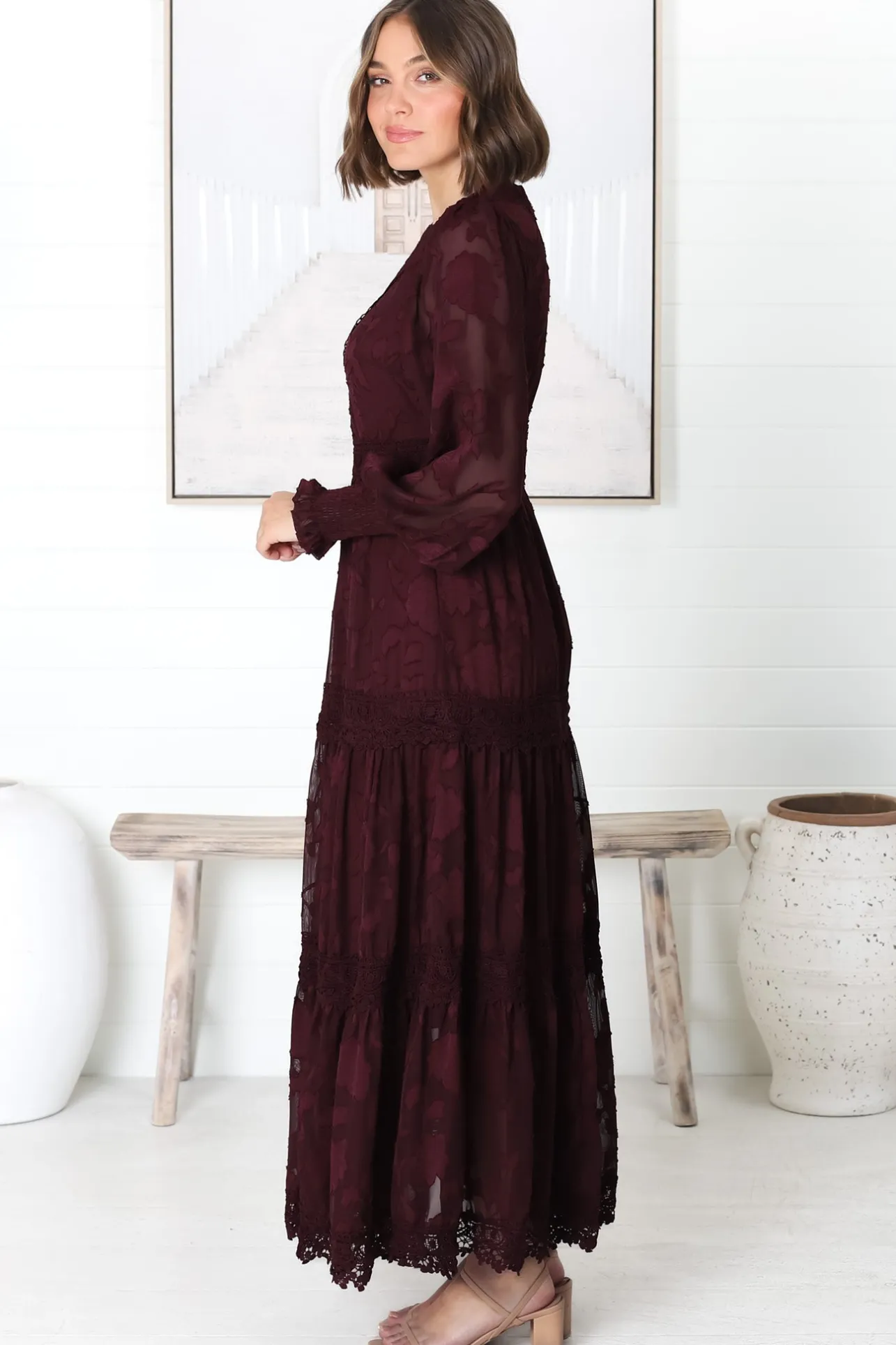 Rouge Maxi Dress - Lace Overlay Tiered Dress in Wine>Salty Crush Online