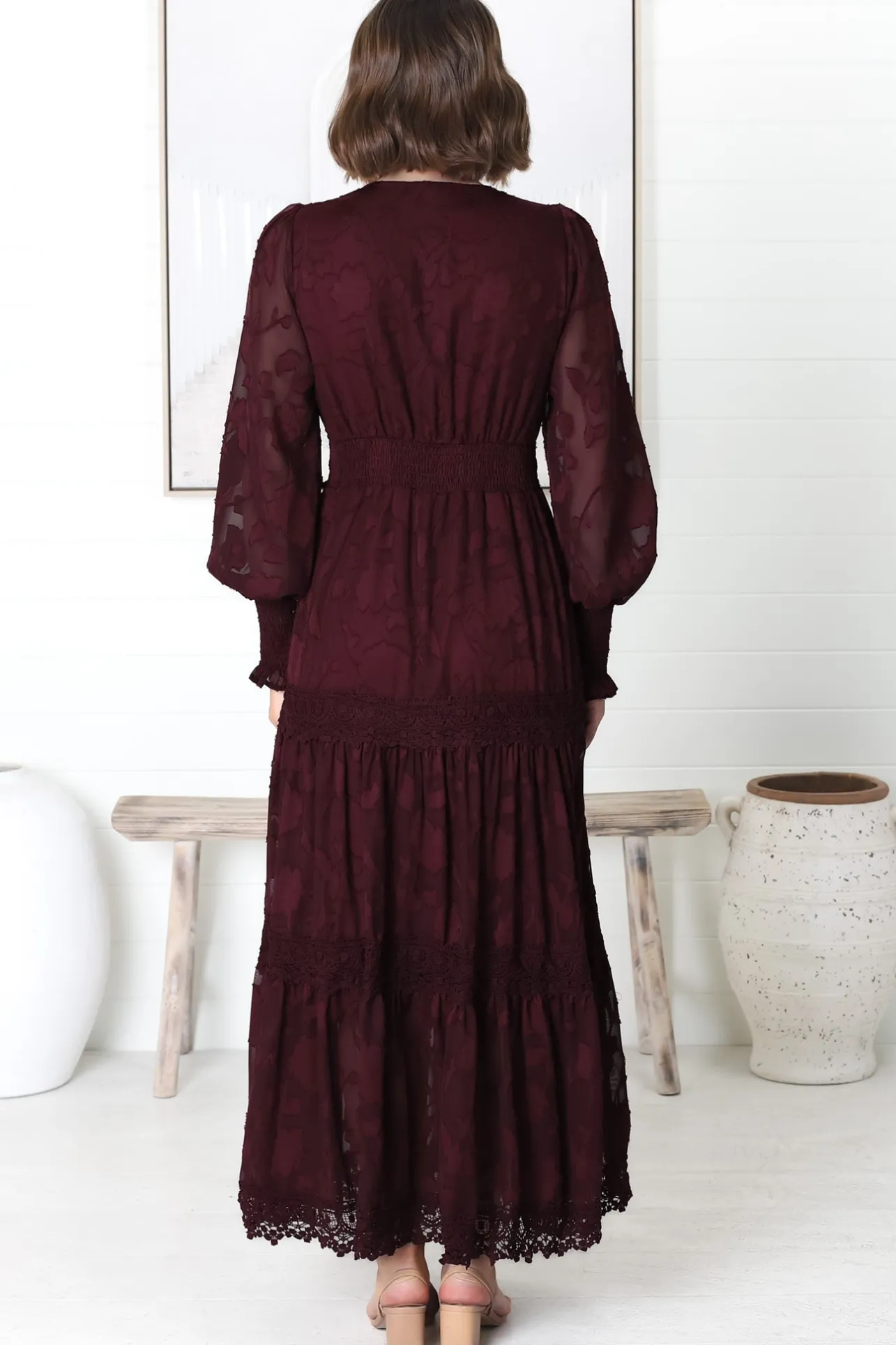 Rouge Maxi Dress - Lace Overlay Tiered Dress in Wine>Salty Crush Online