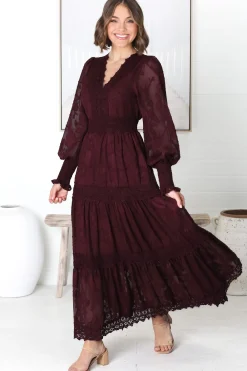 Rouge Maxi Dress - Lace Overlay Tiered Dress in Wine><noscript><img width=