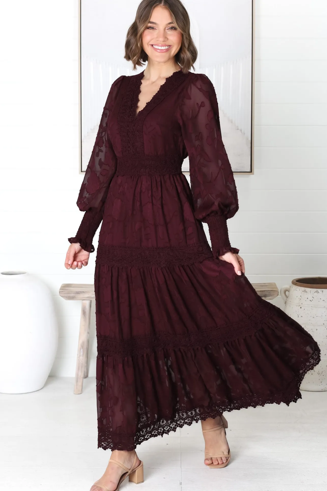 Rouge Maxi Dress - Lace Overlay Tiered Dress in Wine>Salty Crush Online