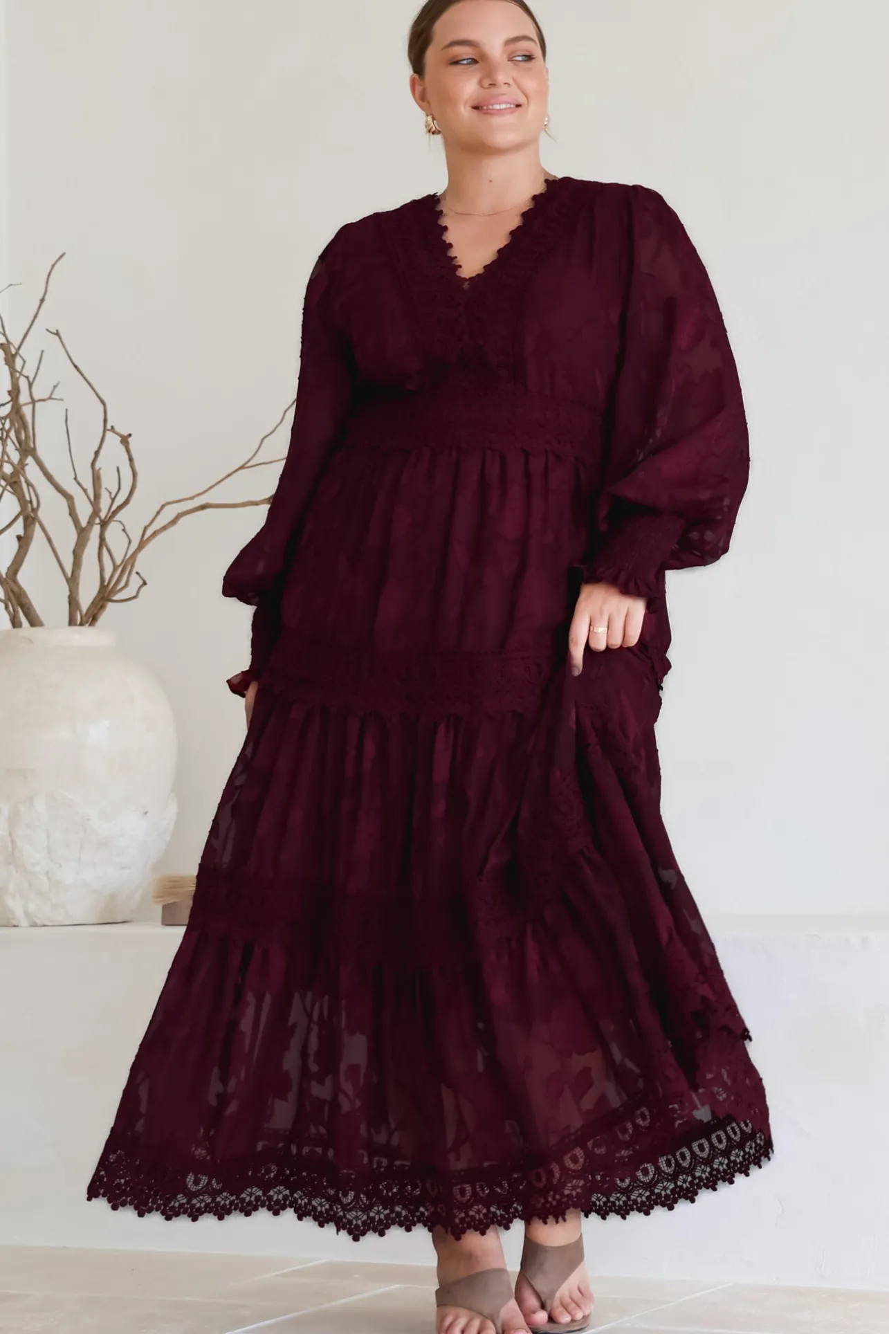 Rouge Maxi Dress - Lace Overlay Tiered Dress in Wine>Salty Crush Online