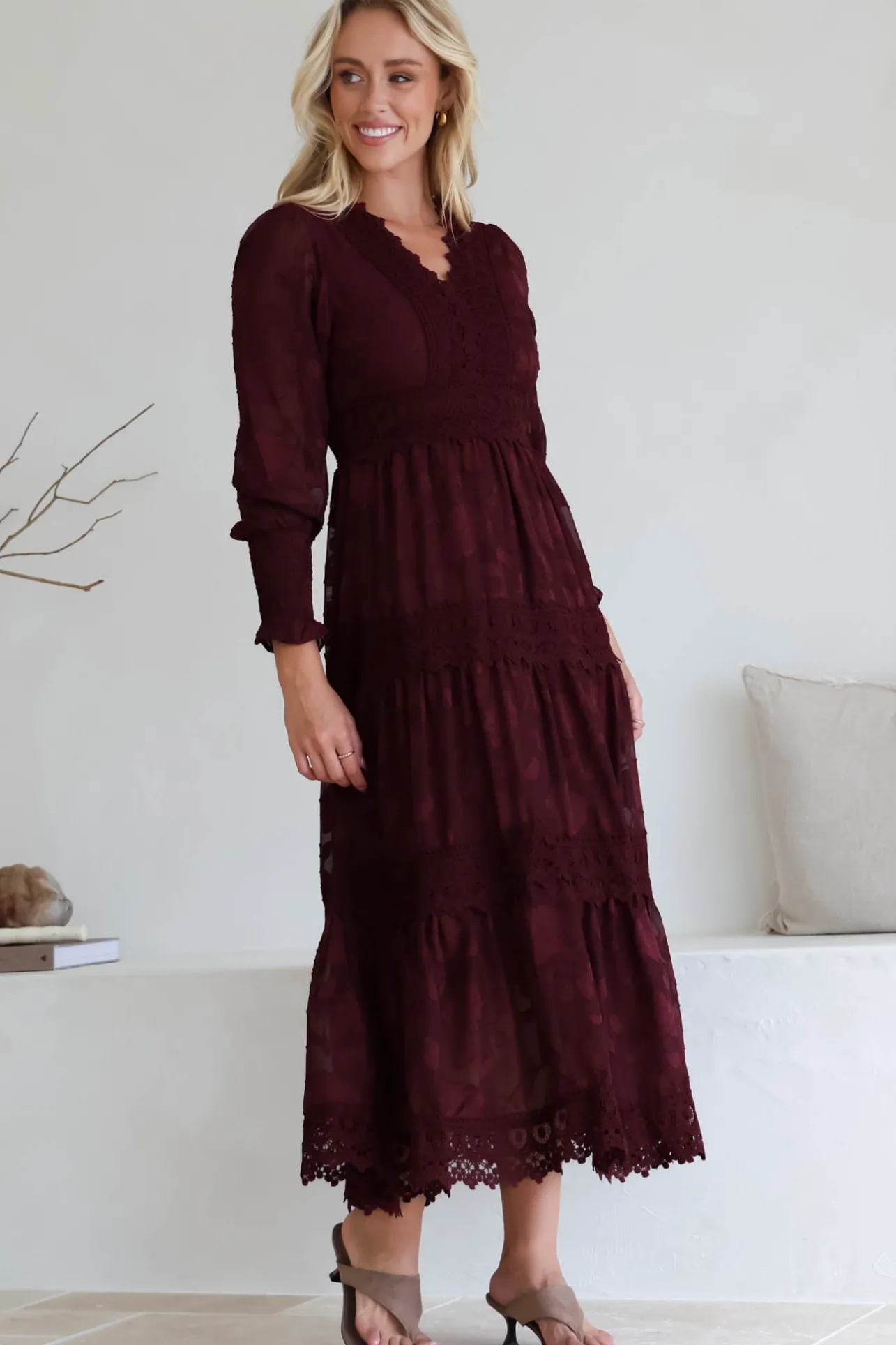 Rouge Maxi Dress - Lace Overlay Tiered Dress in Wine>Salty Crush Online