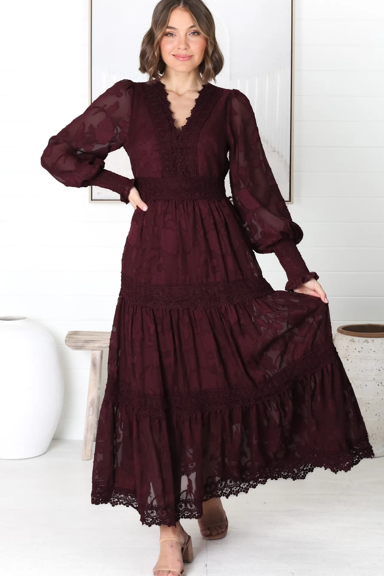 Rouge Maxi Dress - Lace Overlay Tiered Dress in Wine>Salty Crush Online