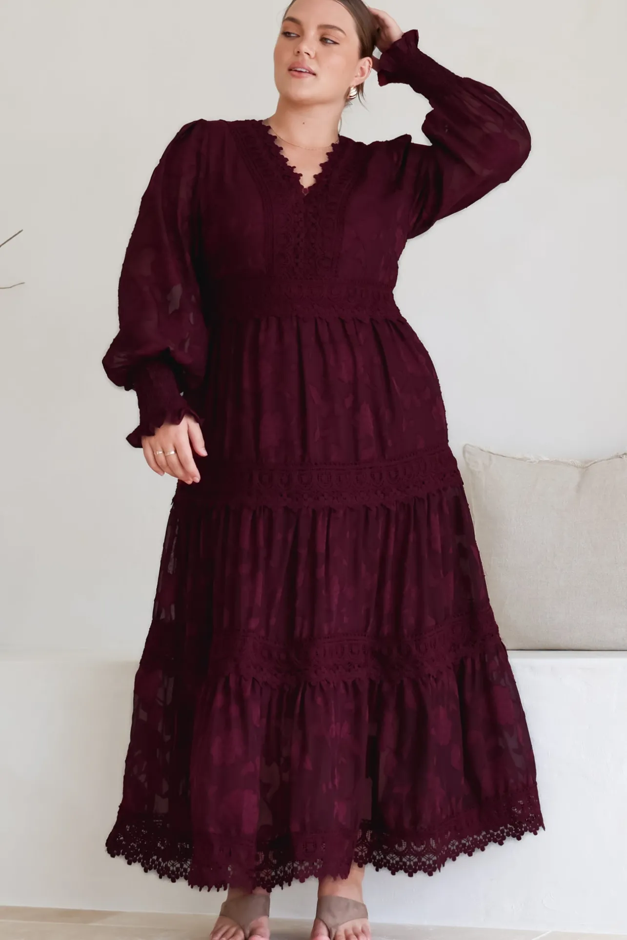 Rouge Maxi Dress - Lace Overlay Tiered Dress in Wine>Salty Crush Online