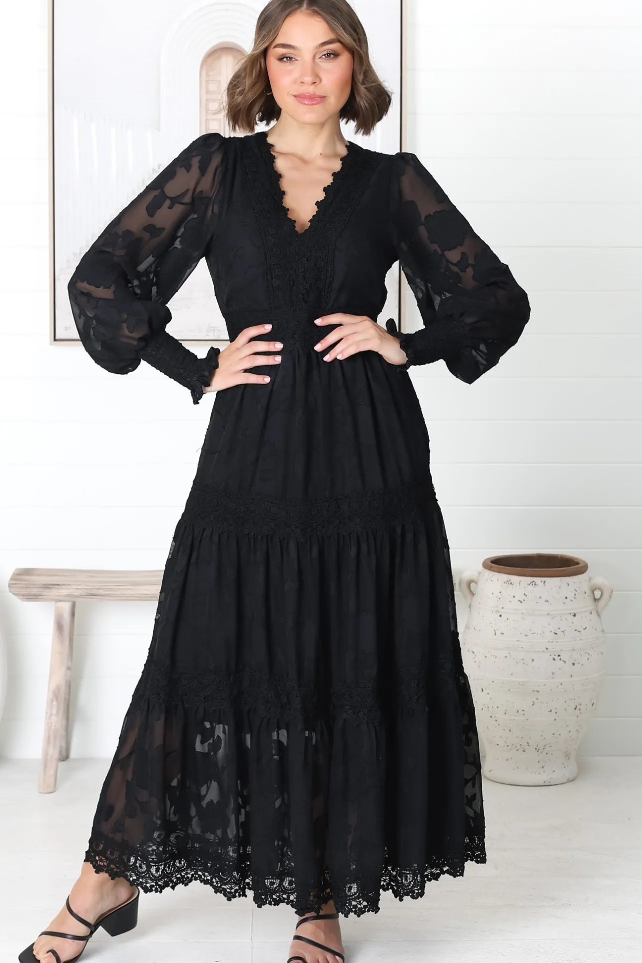 Rouge Maxi Dress - Lace Overlay Tiered Dress in Black>Salty Crush Discount